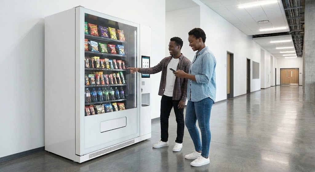Two students buying snacks at a white vending machine in Mauritius.